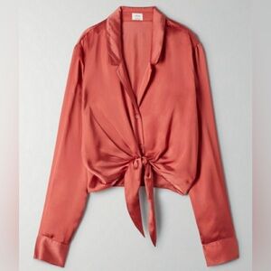 Aritzia Wilfred Satin Tie-Front Blouse flamingo pink Size M